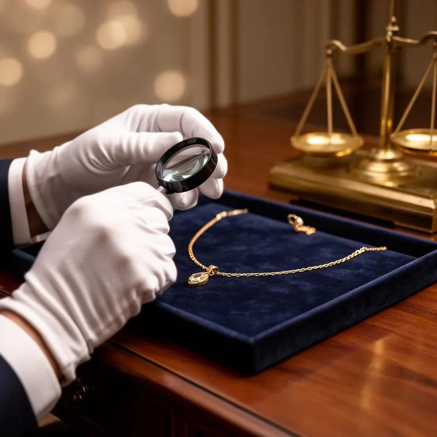 Taxateur beoordeelt gouden sieraad met loep en weegschaal voor inwoner uit Heemstede